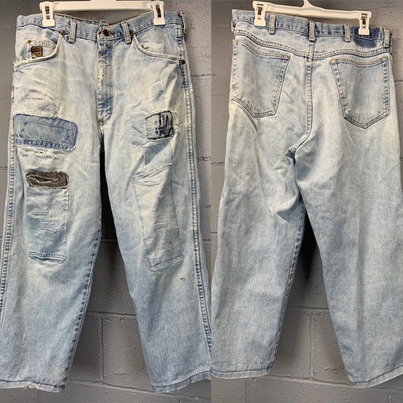 60s Faded Wrangler Jeans Patched Distressed Short Length High Waist Well Worn B1